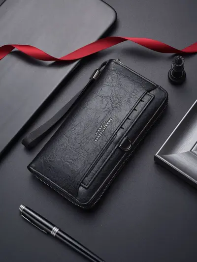 Erkek Uzun Fermuarlı Deri Cüzdan ve Clutch, Çok Kartlı