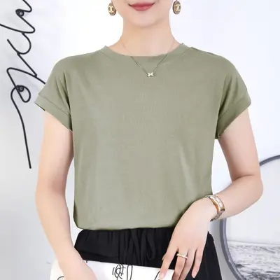TikTok Fledermaus-Ärmel T-Shirt für Frauen, Rundhalsausschnitt, Sommer einfarbig, einfaches Farbblock-Design mit kurzen Ärmeln, Freizeit für Frauen, vielseitig, lockeres Kurzarm-T-Shirt. - 9