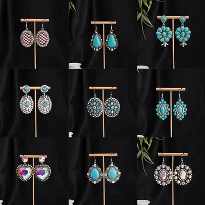Rhinestone Turquoise Bull Head Flower Drop Earrings, Vintage Boho Style