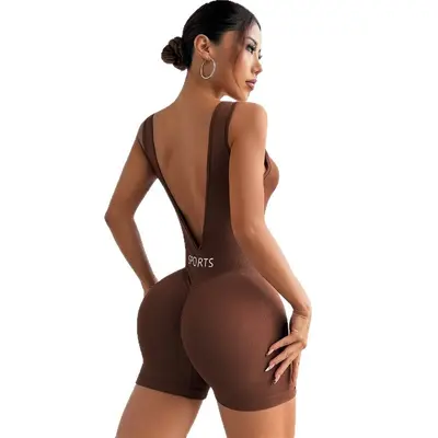 Yoga-Einteiler mit tiefem V-Ausschnitt, figurformend, kurz, eng anliegend, für Damen - 6