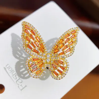 Copper butterfly ring with zirconia stones, adjustable size - 8