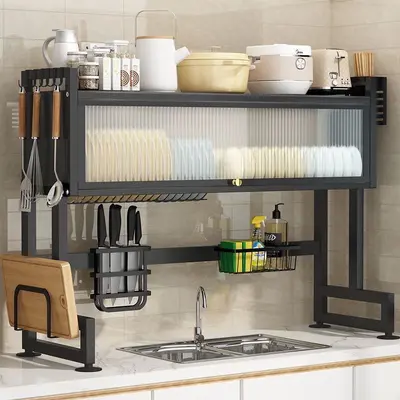 Mutfak lavabo depolama rafı tezgah üstü bulaşık toz geçirmez kurutma rafı çok fonksiyonlu lavabo basit dolap depolama düzenleyici.