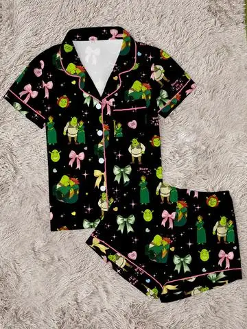 Goblin Printed Silk Women's Short Pajama Set, 2 Colors - 7