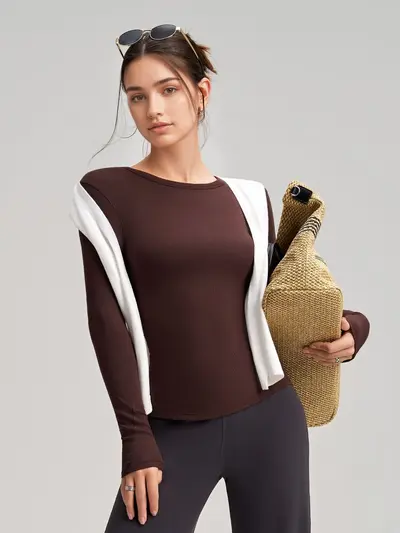 Women's Long Sleeve Stretch Yoga Top, Crew Neck, Slim Fit - 5