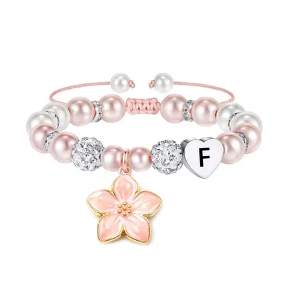 Children's Day Gift Pink Pearl Heart Cherry Blossom Bala Bead Bracelet - 11