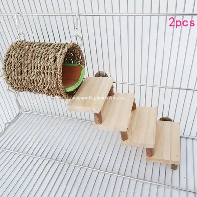 Holz-Kauspielzeug für Hamster, Röhren-Set mit Treppe und Nest, 2-teilig