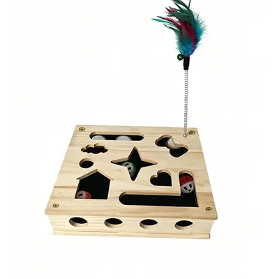 Solid Wood Maze Cat Toy, Square Self-Play Puzzle Box - 6