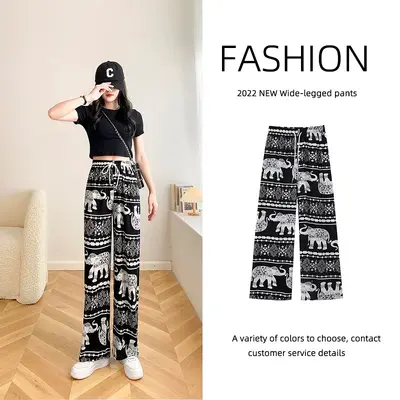 Elephant Print Wide-Leg Yoga and Beach Pants, Lightweight Summer Style