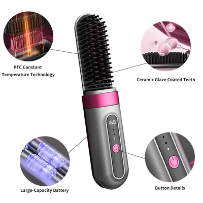 Cordless Ionic Hair Comb, 2-in-1 Straight and Curl Heated Flat Iron Styler