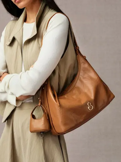 Gold Hobo Bag in Large and Small Sizes, Genuine Cowhide Leather