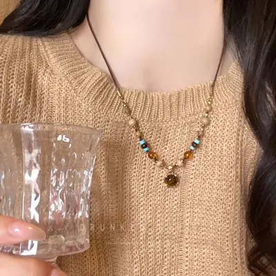Tiger's Eye Beaded Necklace, Vintage Round Loop Design - 2