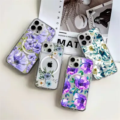 Apple iPhone 16E magnetic case, purple flower pattern TPU+PC