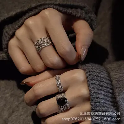 中古三件套！冷淡风银色镂空蕾丝戒指女轻奢高级感时尚食指戒指环 - 1