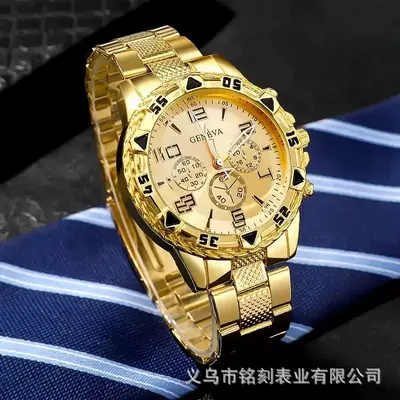 temu爆款男士石英手表时尚钢带腕表厚玻璃下三眼手表源头厂家批发 - 9