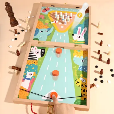 4-in-1-Brettspiel aus Buchenholz, doppelseitig, mit Schach, Go, Bowling