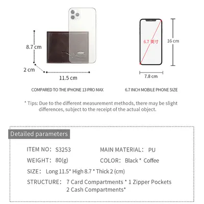 Ultra-Thin Short Men's Wallet with Banknote Compartment, Zipper and ID Card Holder, PU Lea - 5