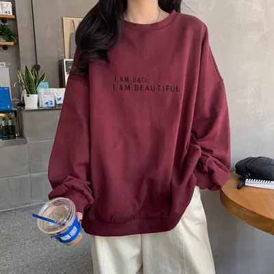 2025 yeni sonbahar Kore tarzı Hong Kong tarzı sade harf baskılı öğrenci üstü bol ince uzun kollu sweatshirt kadın dış ticaret - 8
