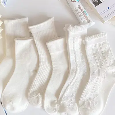 white socks women's socks solid color cotton socks pure white full colored cotton women's socks wholesale mid-calf socks bubble mouth Lolita