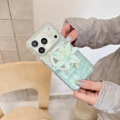 iPhone 17 Handyhülle, Minzgrün, Lilienmuster, magnetisch