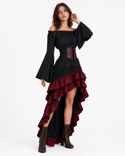 Halloween Medieval Pirate Costume, Ruffled Skirt Three-Piece Set - 10