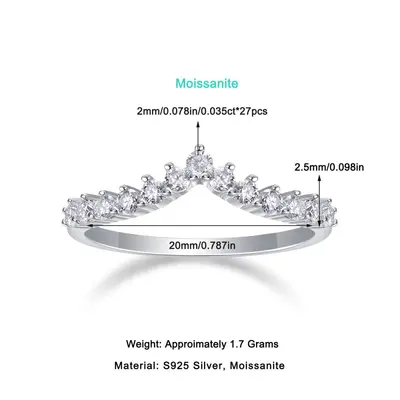 V-förmiger Damenring aus S925-Sterlingsilber mit Moissanit in Farbe D