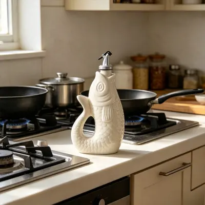 Keramik-Olivenölkanne mit handgemaltem Fischdesign, automatischer Deckel, Sojasauce-Essig-Gewürzflasche für Küche, grenzüberschreitend beliebtes Produkt