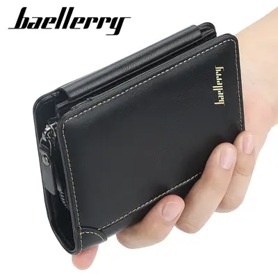 Men's Short Wallet with Vertical Zipper, Buckle and Coin Pocket - 5