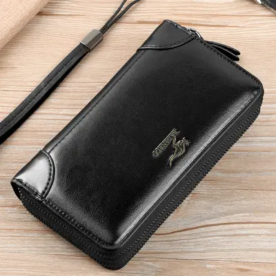 Erkek El Çantası Deri Fermuarlı Clutch, Çift Fermuarlı Uzun Cüzdan - 5