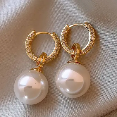 Round Pearl Earrings, Zircon Micro-Inlaid, Women's Studs