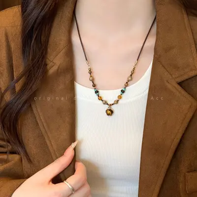 Tiger's Eye Beaded Necklace, Vintage Round Loop Design - 7