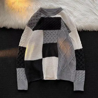 Herren Japan-Stil Strickpullover, Patchwork, Herbst/Winter, locker, Rundhals