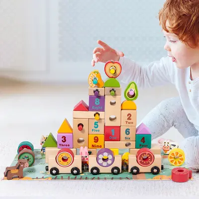 Wooden farm building blocks with number and shape recognition