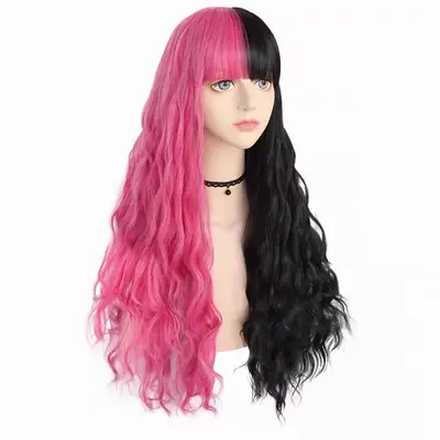 Cosplay-Anime-Perücke, Schwarz-Pink zweifarbig, langes lockiges Haar