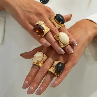European and American Cross-border Jewelry Vintage Gradient Gemstone Open Ring Ins Retro Geometric Wide Band Ring