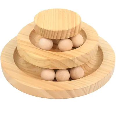Solid Wood Cat Turntable Toy with Rolling Ball, Chew-Resistant, Customizable - 8