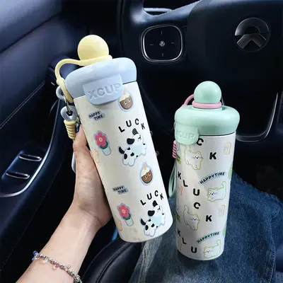 Sevimli Hayvan Desenli 316 Paslanmaz Çelik Termos Bardak, Askılı Pipetli, 300 ml - 1