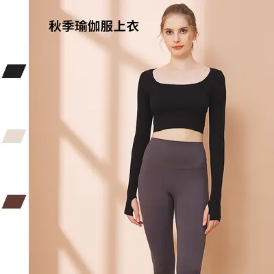 Women's Seamless Black Long Sleeve Short Crop Yoga Top, Autumn Winter - 2