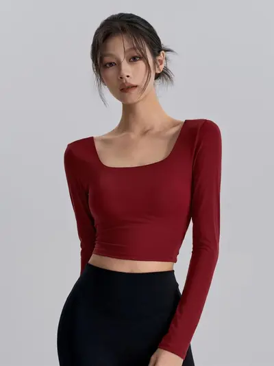 Backless Yoga Top with Built-in Bra Pads, Red Square Neck, Long Sleeve - 2