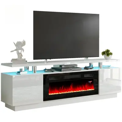 Mirrored White Fireplace TV Stand with LED Lights, Panel Furniture