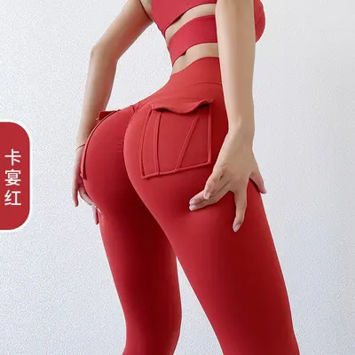 运动长裤带口袋跑步健身裤女高腰提臀工装弹力紧身翘臀瑜伽裤春夏 - 10