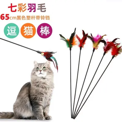 65cm Long Soft-Rod Cat Teaser Wand with Feathers and Bells