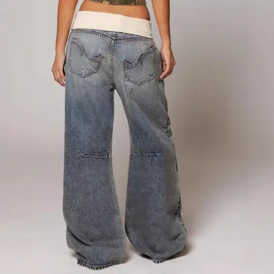 Retro Yıkamalı Mavi Patchwork Katlamalı Bel Düz Paça Kot Pantolon Y2K Kadın