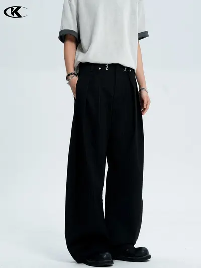 Black Striped Trousers for Men and Women, Curved Blade Cut, Wide-Leg Long Pants
