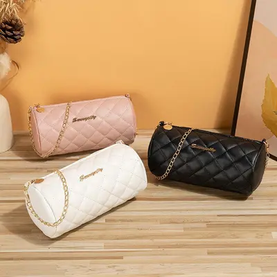 Embroidered Diamond Check Chain Women's Crossbody Bag, Cylinder Shape, 2023 Summer - 3