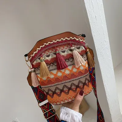 Ethnic Style Tassel Woven Bucket Bag, Women's Single Shoulder Bag - 10