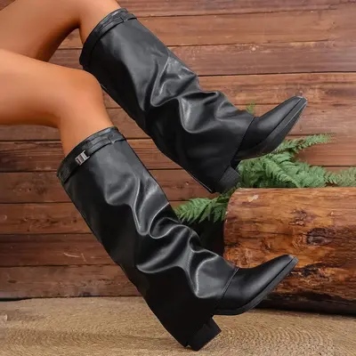 Damen-Modestiefel mit plissiertem Schaft, Blockabsatz, Große Größen - 7