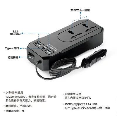 150W Kfz-Wechselrichter 12V auf 220V mit USB-Schnellladung und Type-C