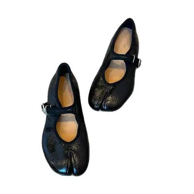 Genuine Leather Retro Mary Jane Shoes, Split-Toe Pig-Hoof Style, Women's Ballet Flats