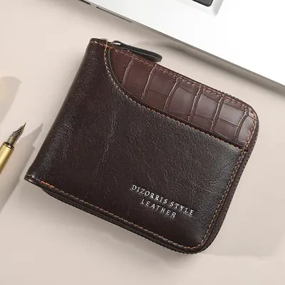 Men's Short Horizontal Tri-Fold Wallet with Zip Coin Pocket, Retro - 11