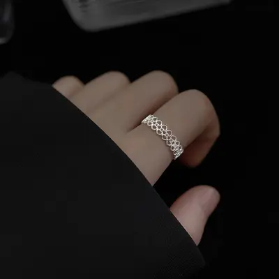 S925 Sterling Silver Lace Ring Women Hollow Heart Open